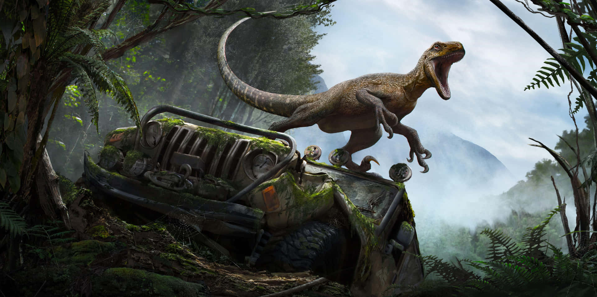 Tyrannosaurus Rex Sur Jeep Renversée Dans La Jungle Fond d'écran