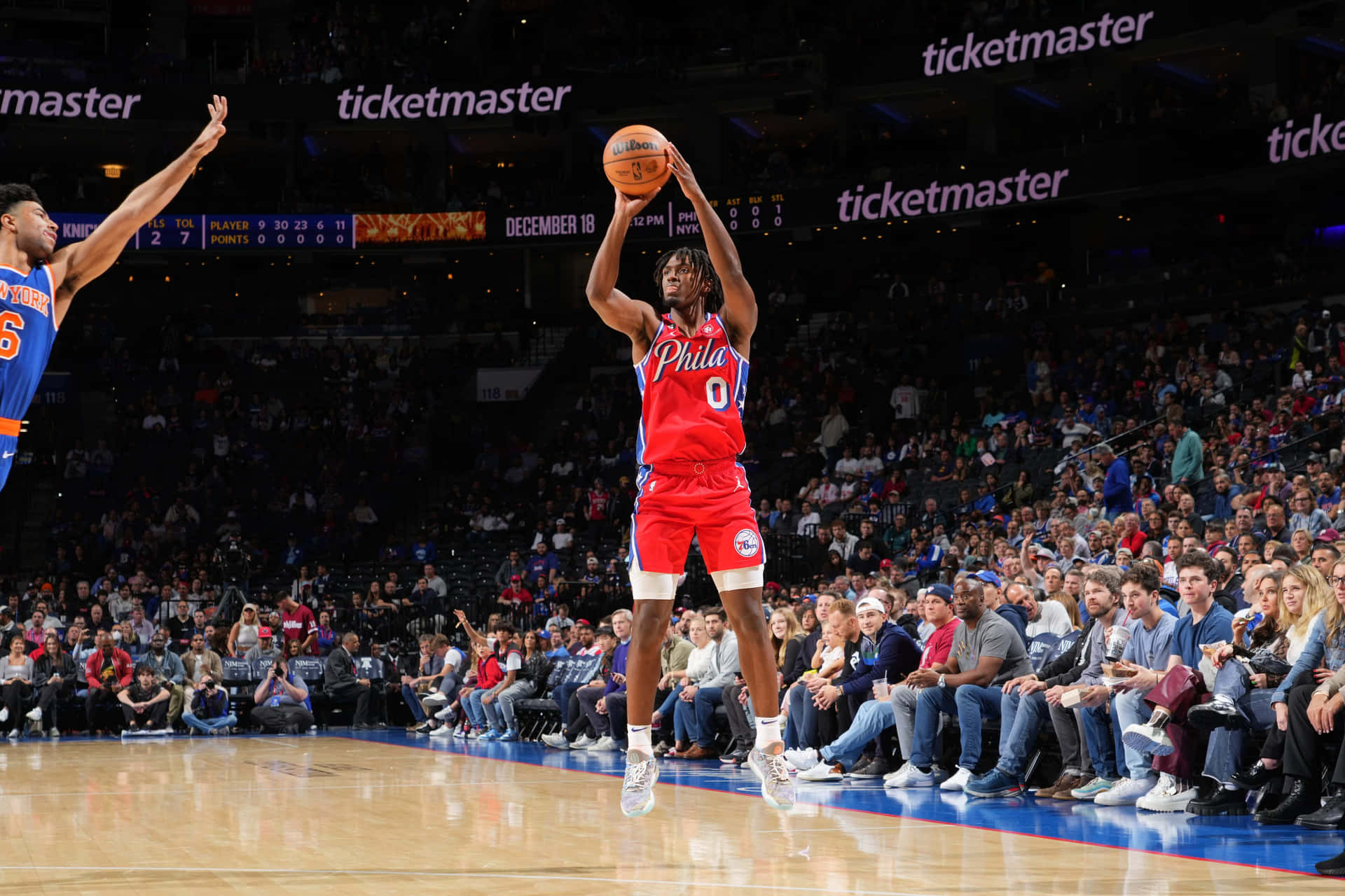 Tyrese Maxey Philadelphia 76ers Wedstrijd Actie Achtergrond