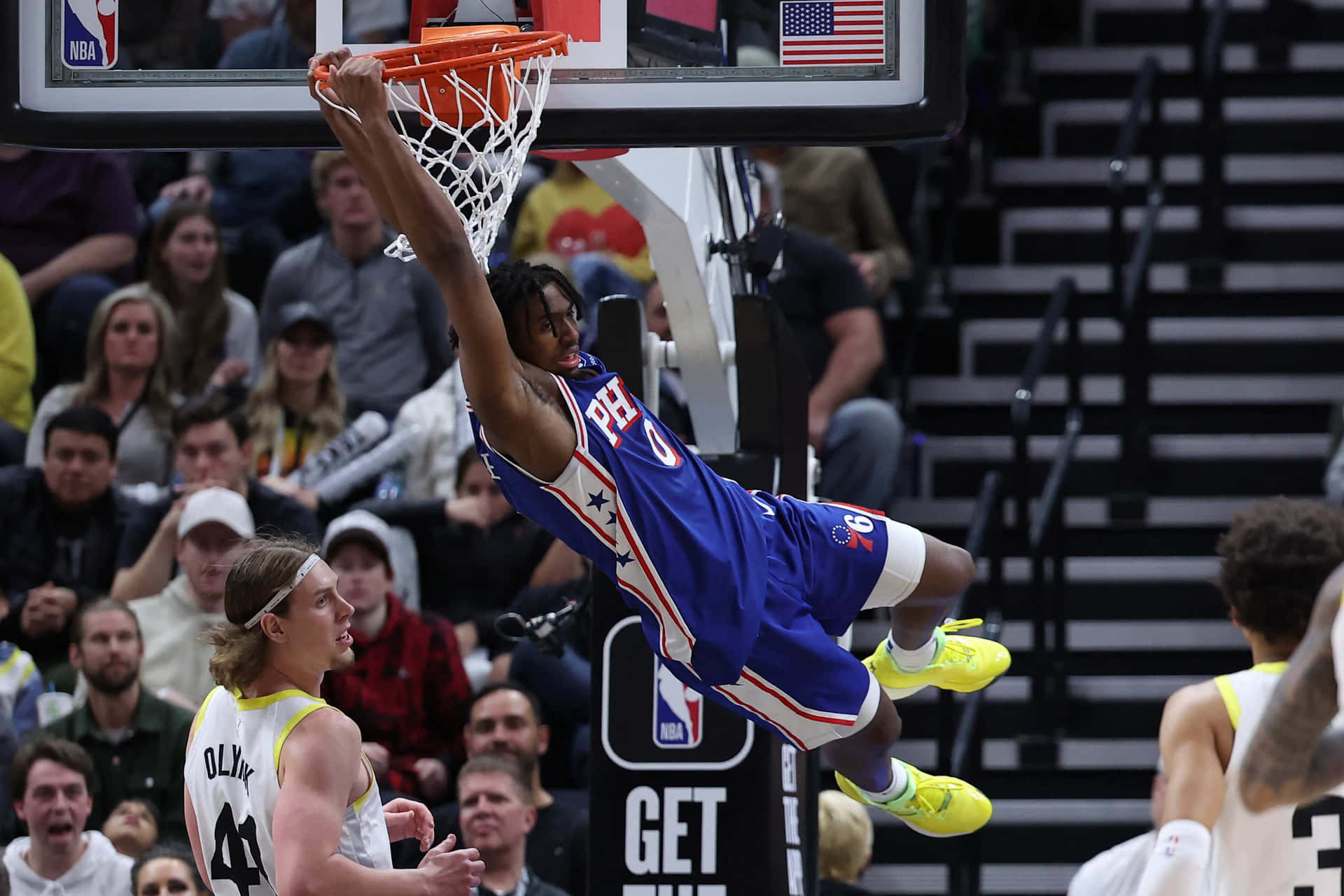 Tyrese Maxey Slam Dunk Action Wallpaper