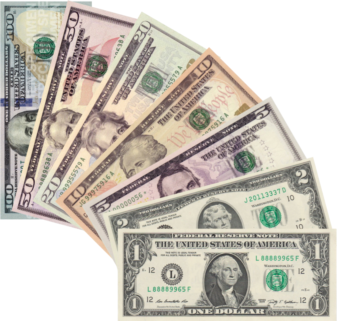 U S Currency Denominations Fanned Out PNG