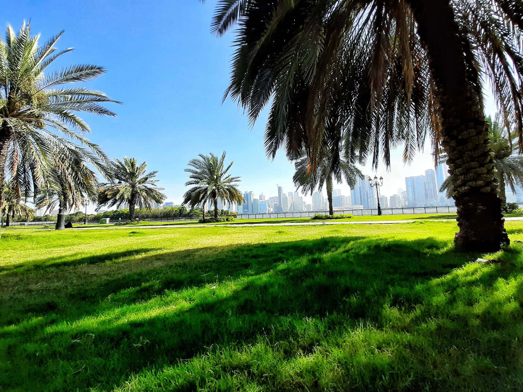 The cityscape of Abu Dhabi against the backdrop of a stunning orange sunset.