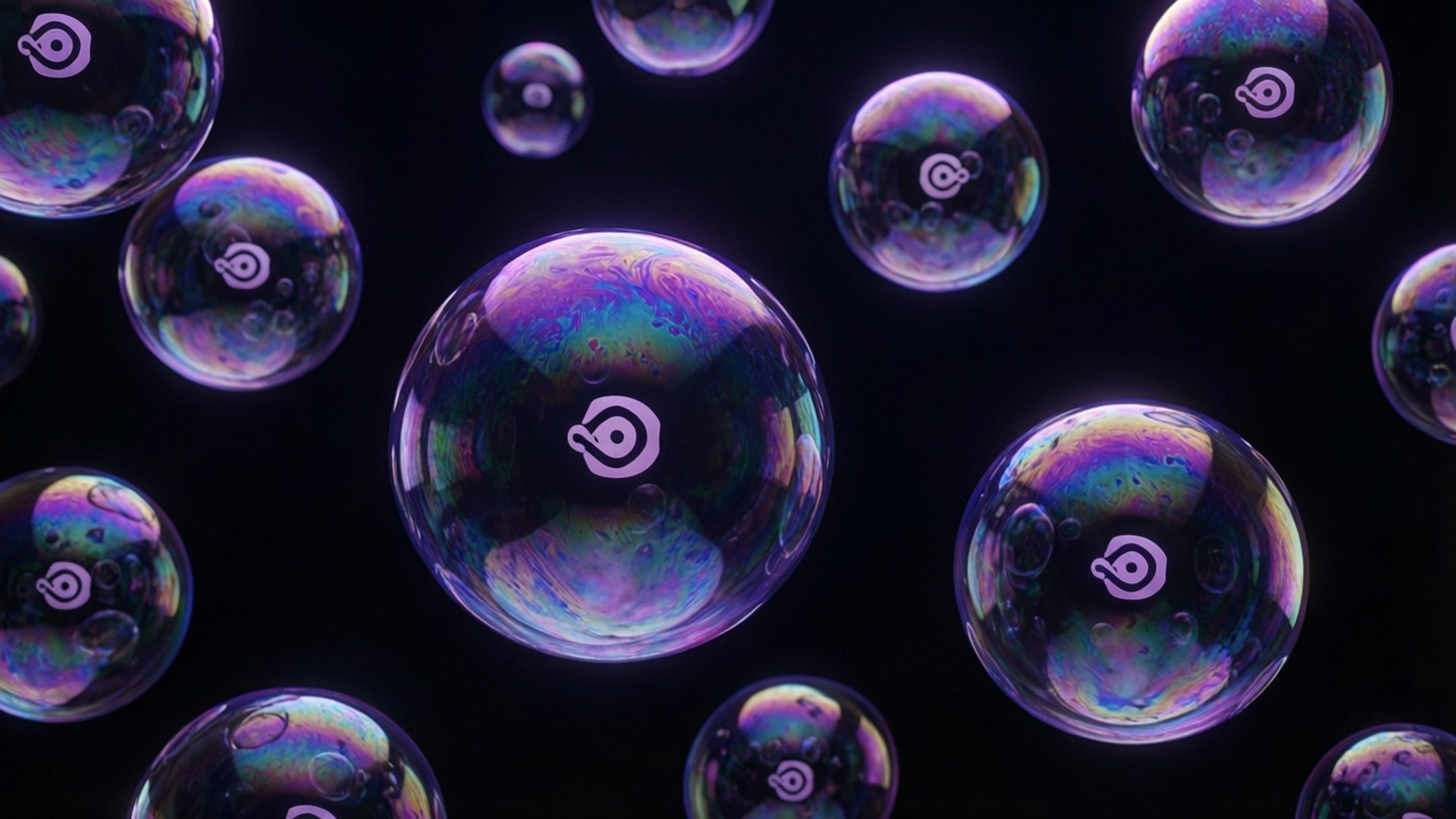 Purple bubbles with Ubuntu logos floating in dark void