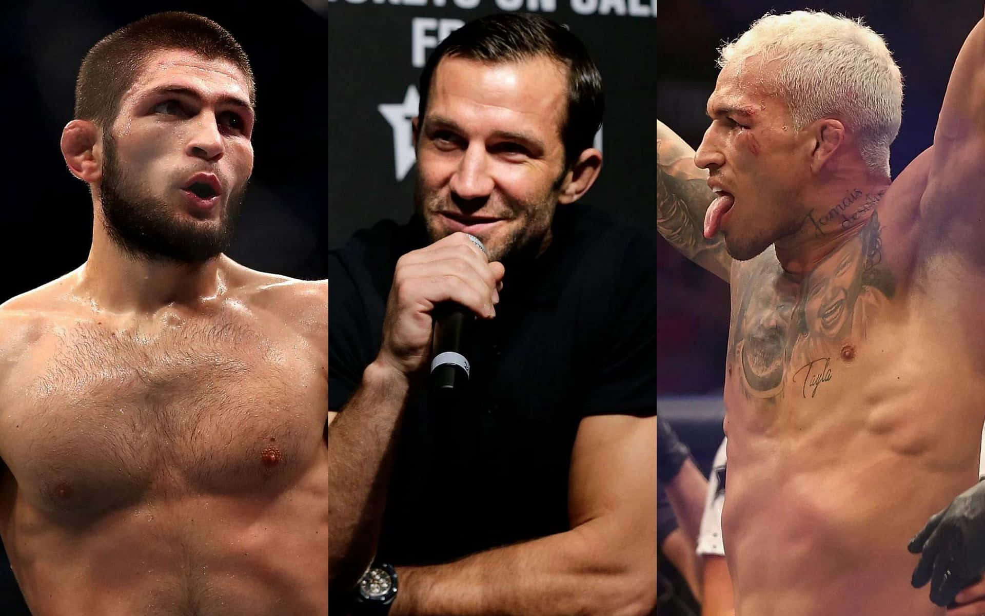 Collage Stil Tapet med UFC Fighters Charles Oliveira, Luke Rockhold og Khabib Nurmagomedov Wallpaper