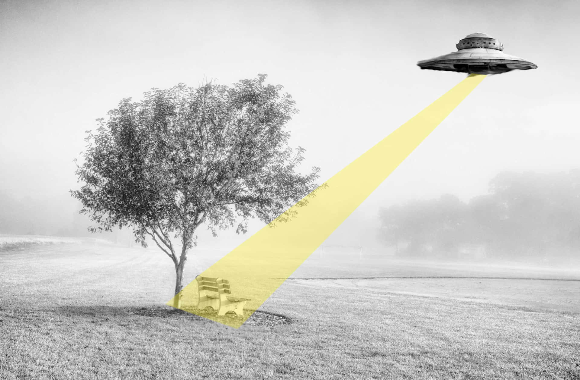 A UFO hovering in the night sky above a rural landscape