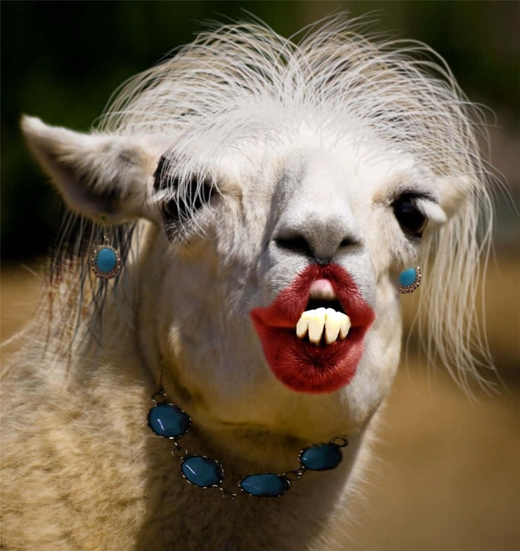 En lama med en blå halskæde og et rød læbestift