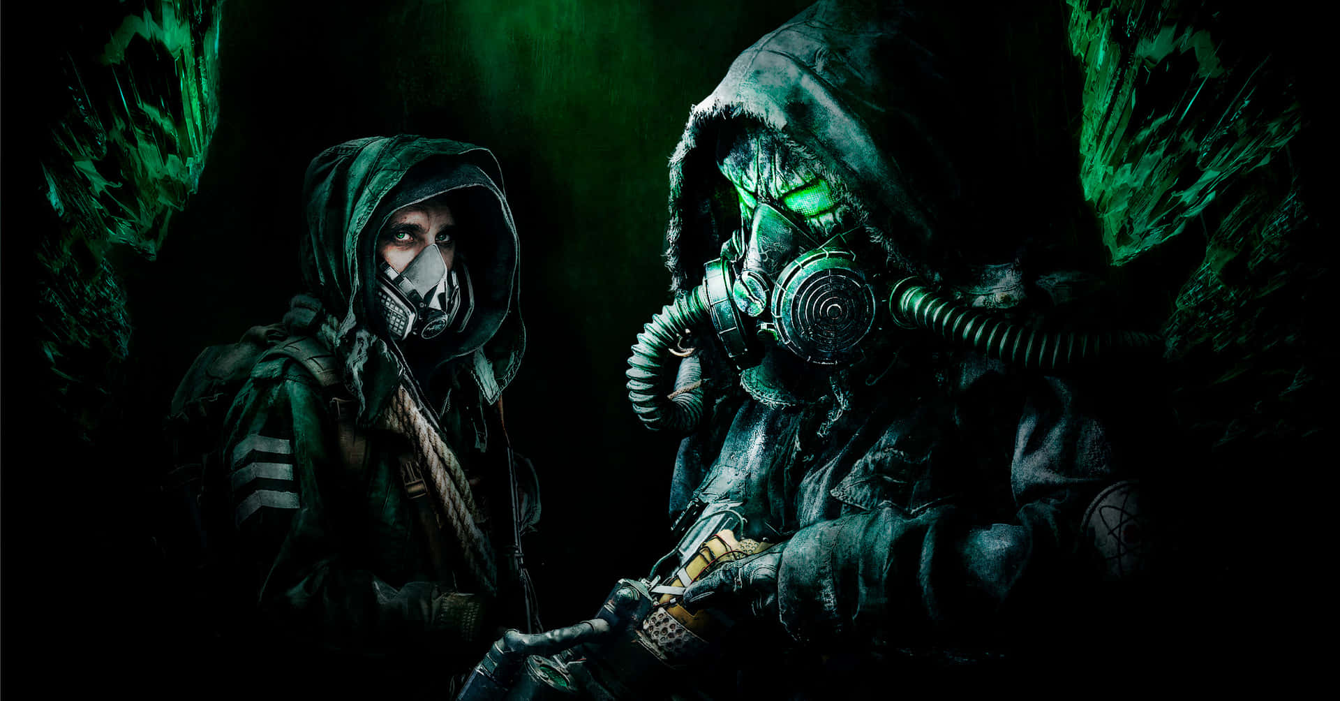 Two People In Gas Masks Standing Next To Each Other Wallpaper