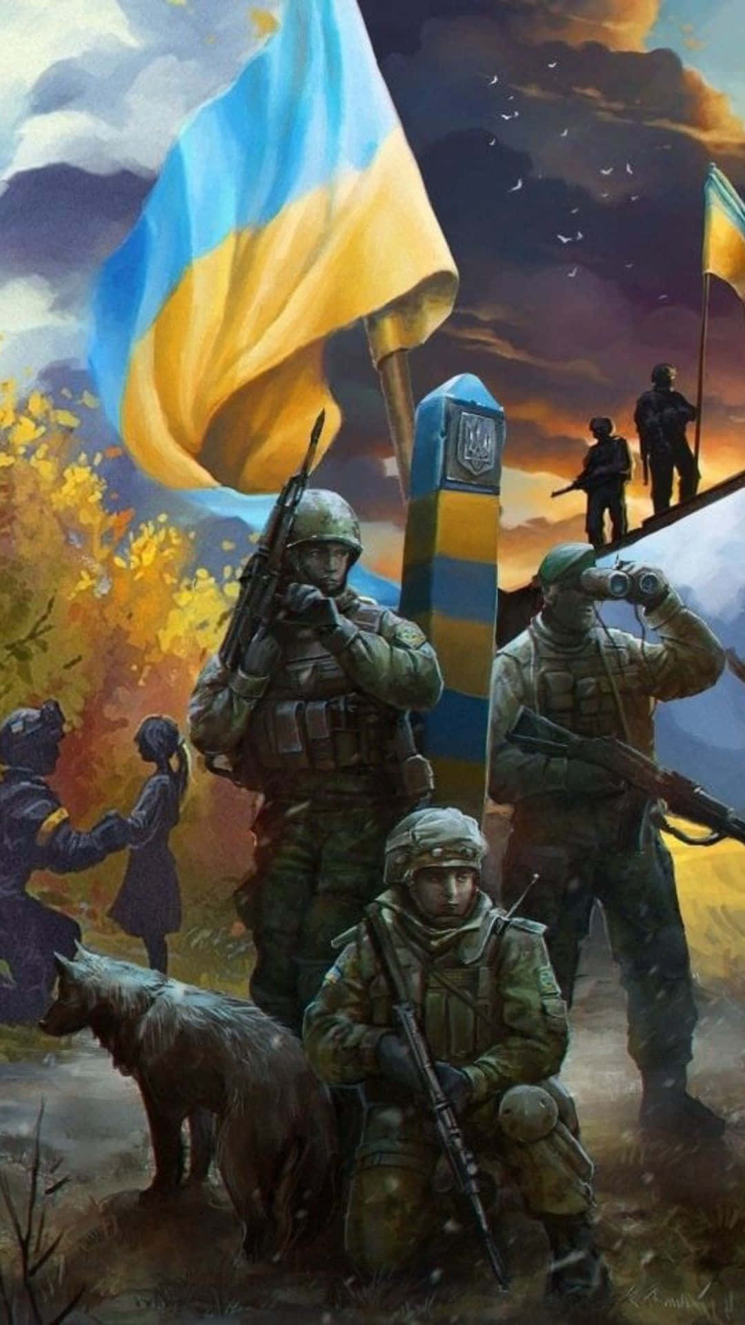 Soldadosucranianos Com Uma Bandeira E Um Cão