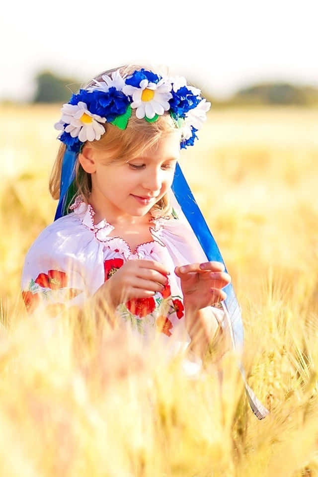 Ukrainian Girl Blue And White Flowery Headdress Wallpaper