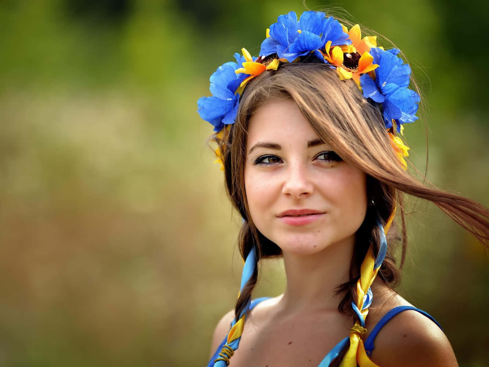 Ukrainian Girl Blue Flowery Headdress Wallpaper
