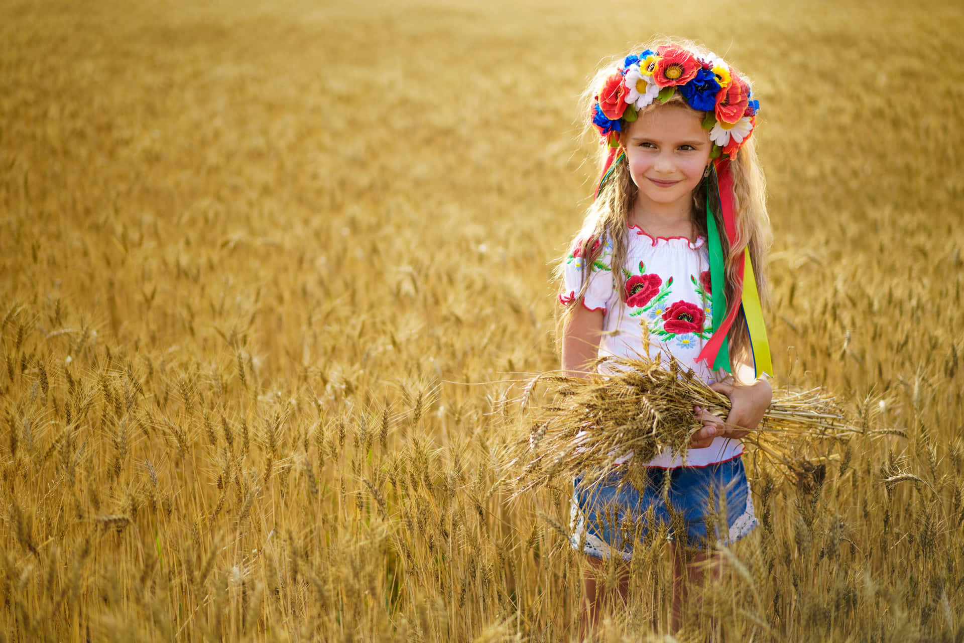 Ukrainian Girl Flower Crown Wheat Field Wallpaper