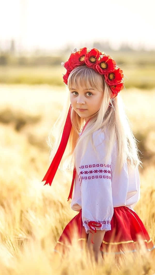 Ukrainian Girl Red Headdress Wheat Field Wallpaper