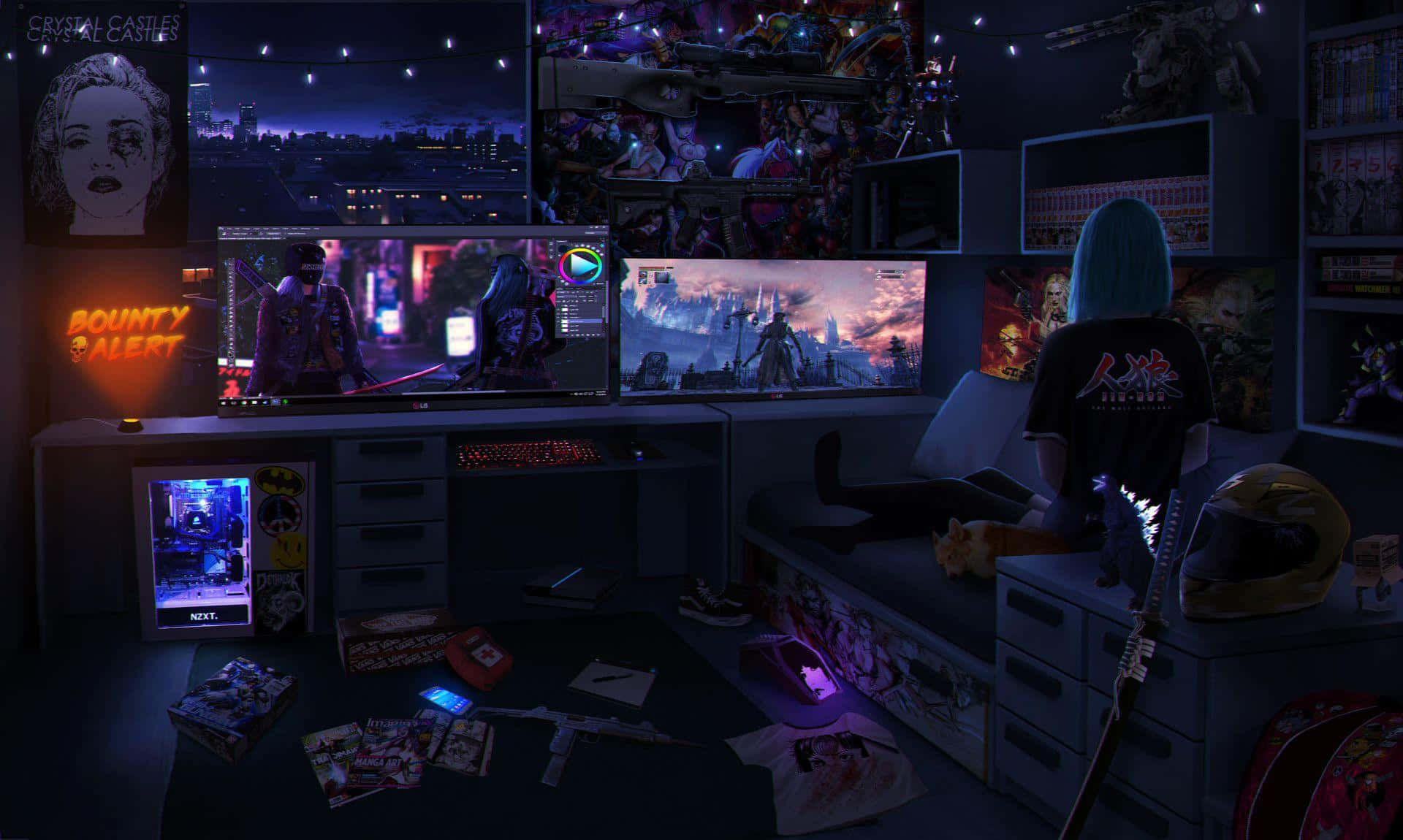 Ultimate Anime Gamer Room Nighttime Wallpaper