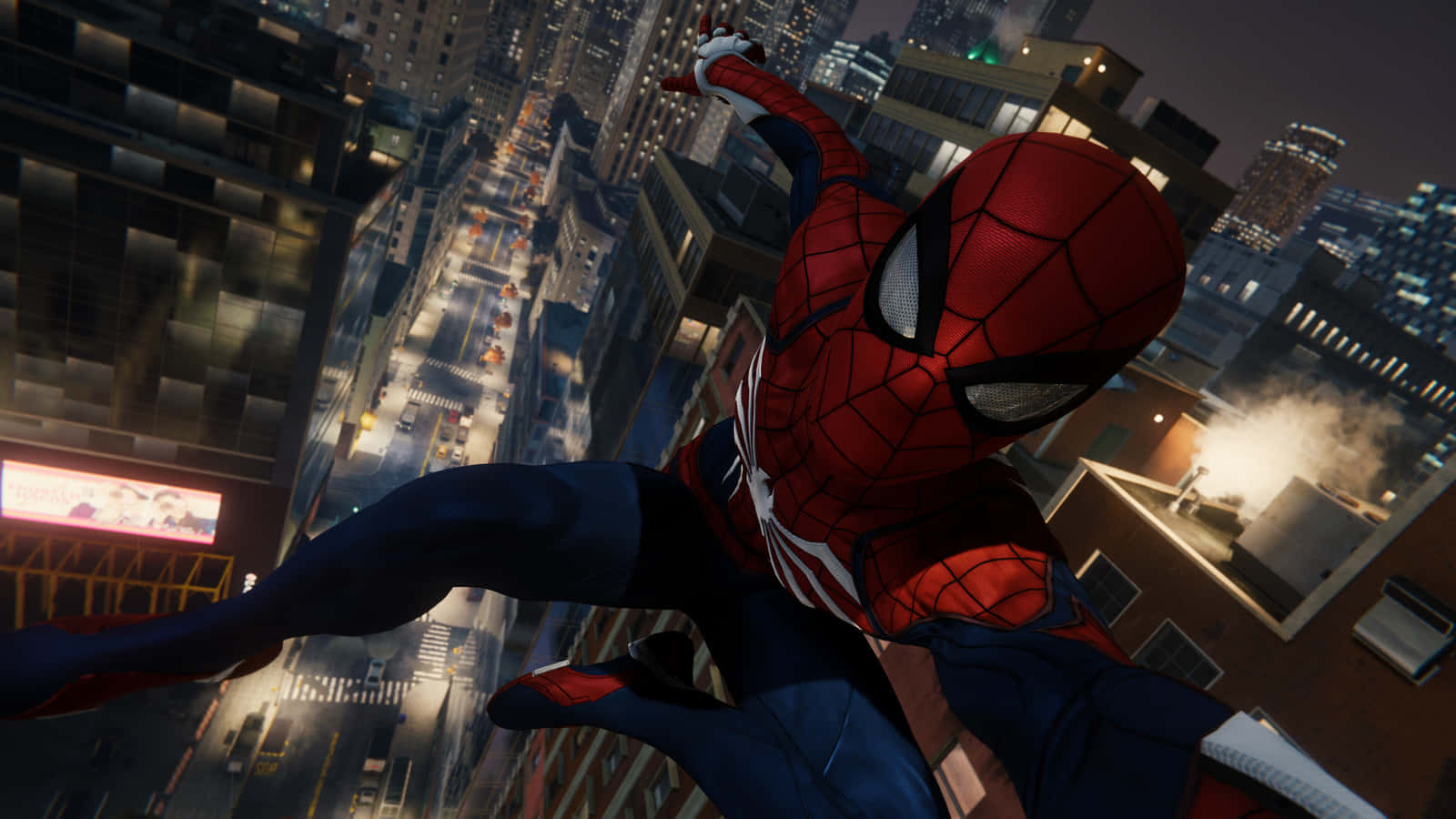 Ultimate Spider-man in action on a rooftop at night Wallpaper