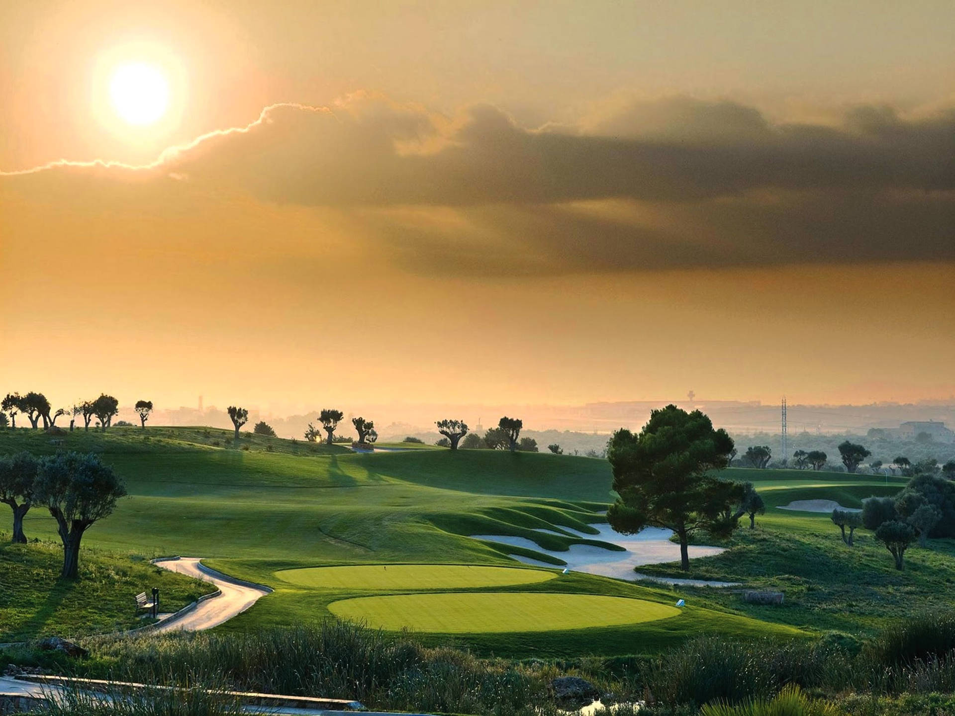 Ultra HD Golf Course Orange Sky Wallpaper