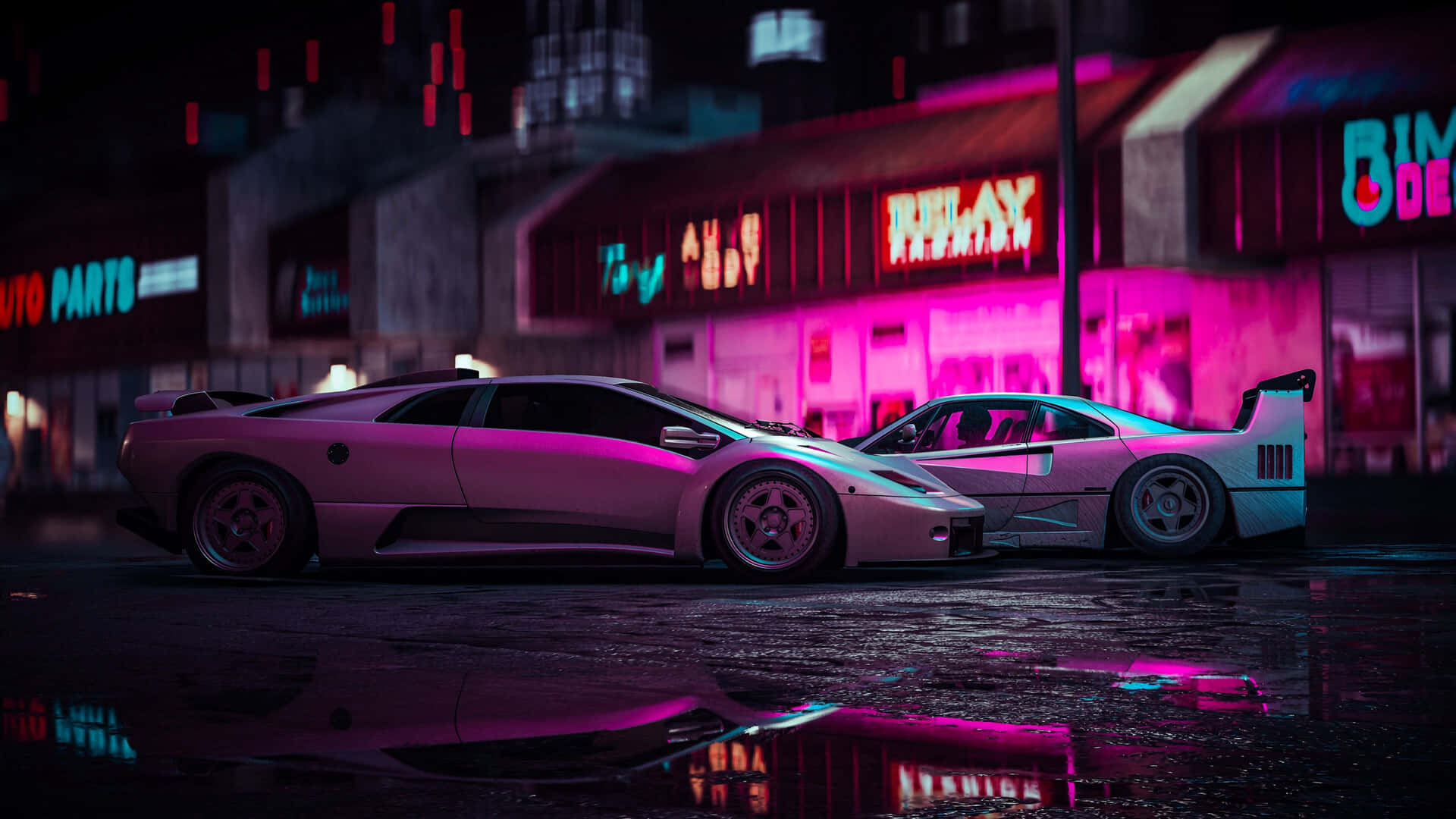 A Car Is Parked In Front Of A Neon Lit Building Wallpaper