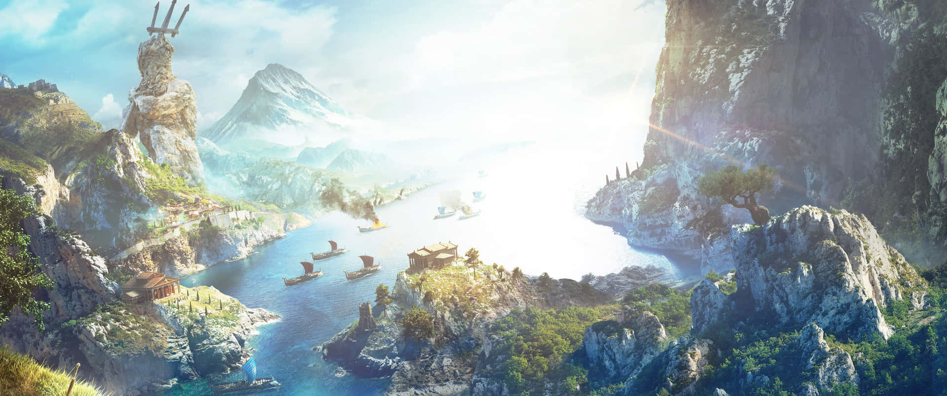 Paisajeoceánico De Assassin's Creed Odyssey Para Juegos En Ultra Panorámico. Fondo de pantalla