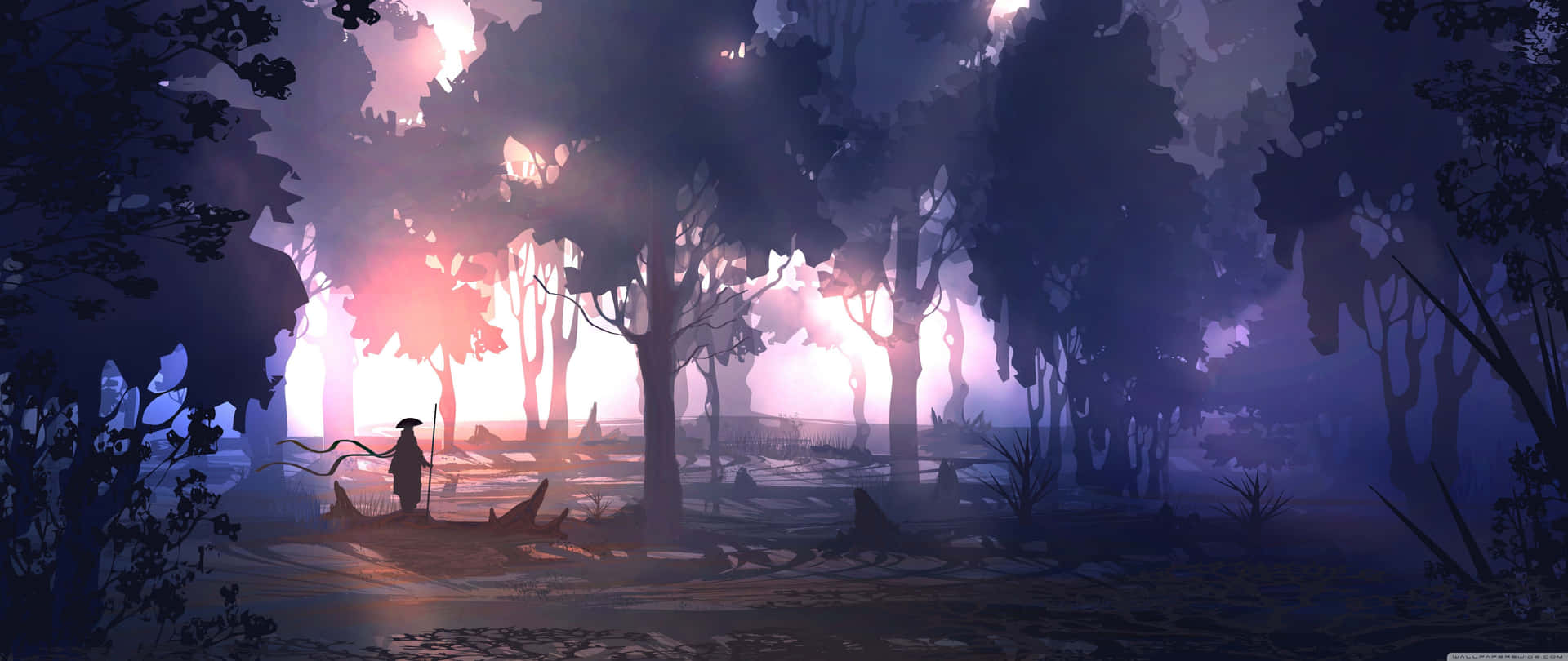Unhombre Está Caminando Por El Bosque En La Noche. Fondo de pantalla