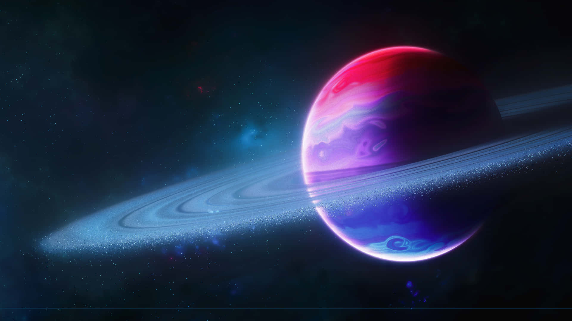 En Saturn i rummet med en rød og blå ring Wallpaper
