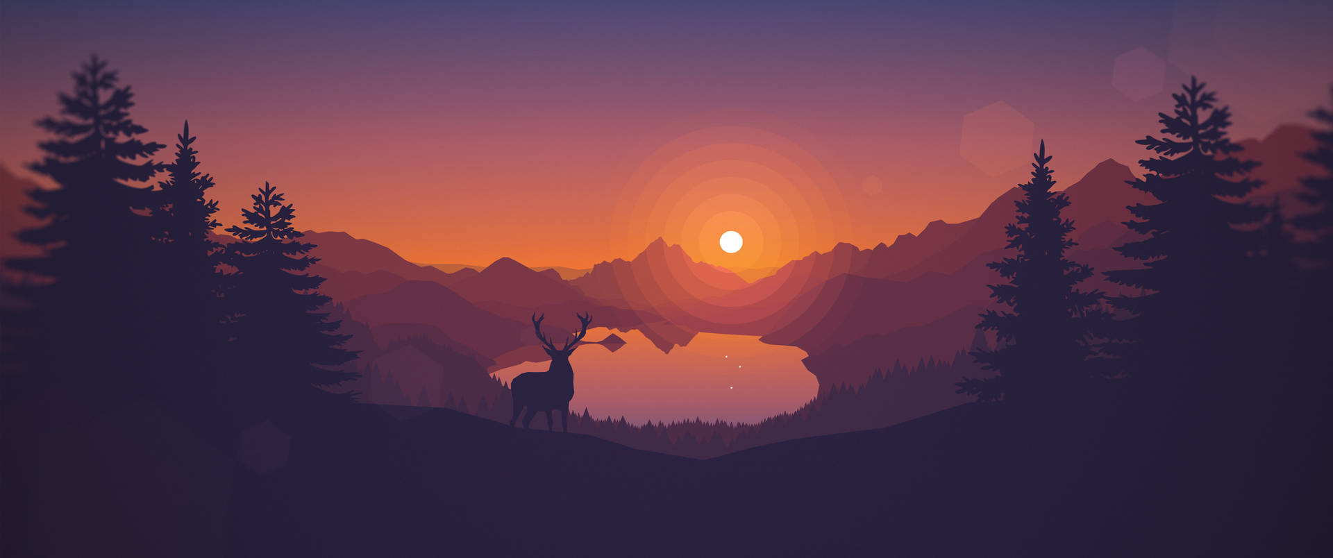 Ultrawide Aesthetic and minimalistic background with deer on forest with pine trees.
