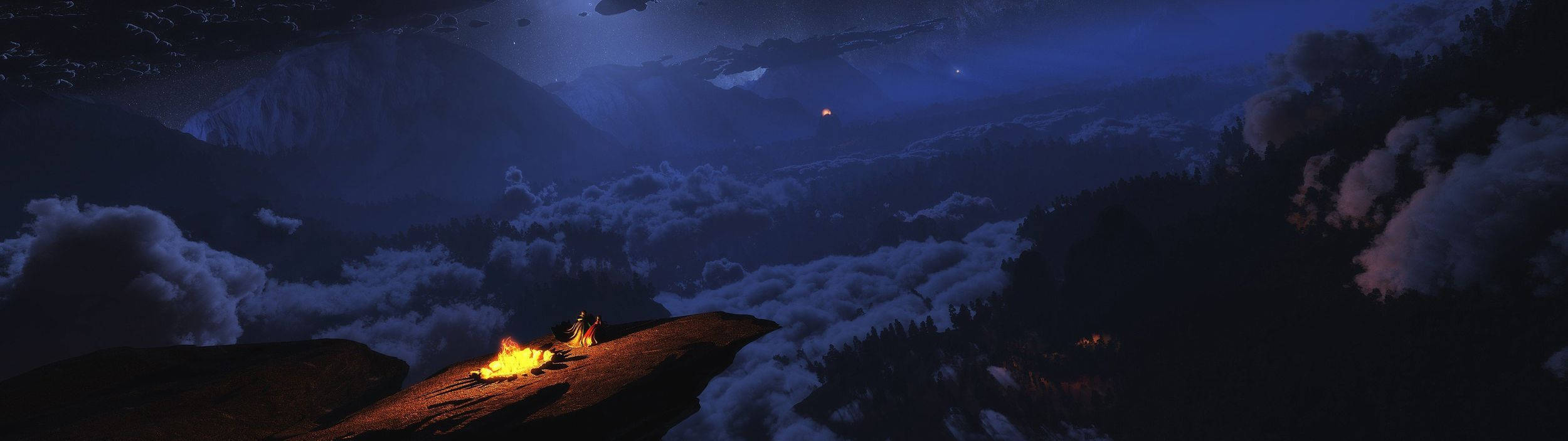 Ultrawide clouds during the night wit a camping fire on the rock edge.