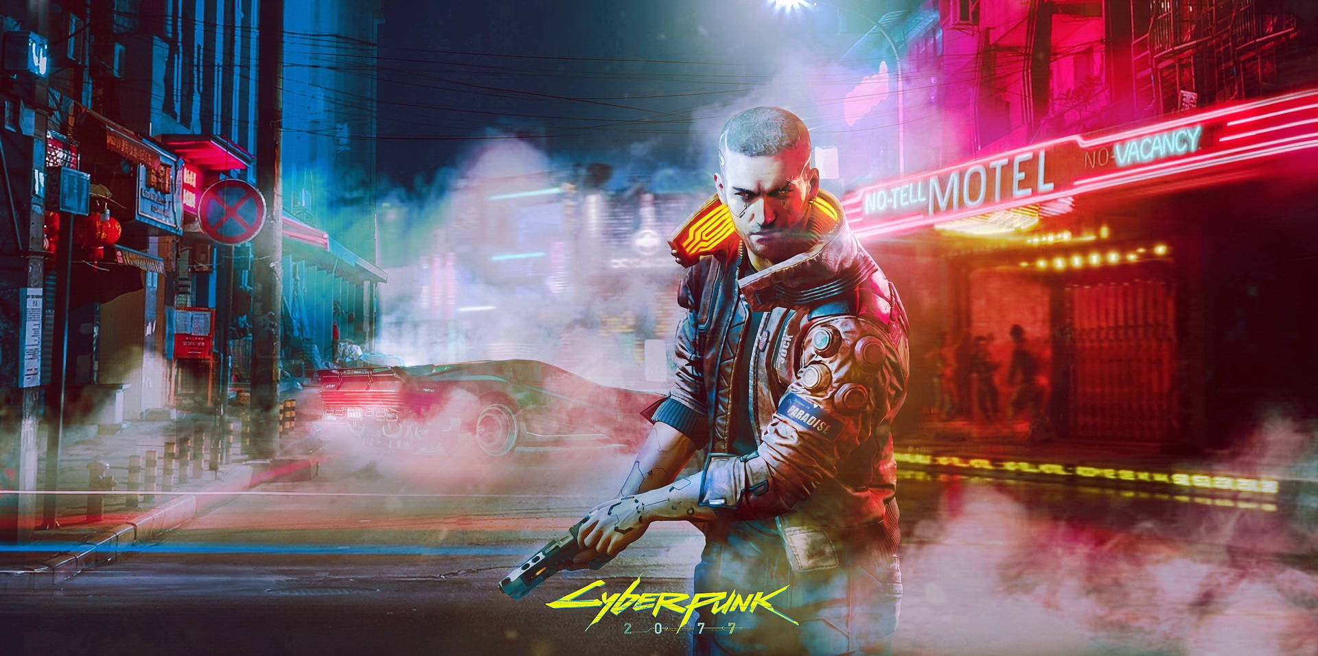 Ultrawide Cyberpunk Bald Man With Gun Wallpaper