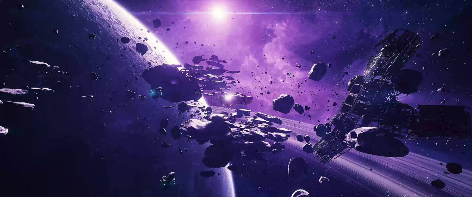 Ultrawide purple light, satellite and meteor rocks on outer space.