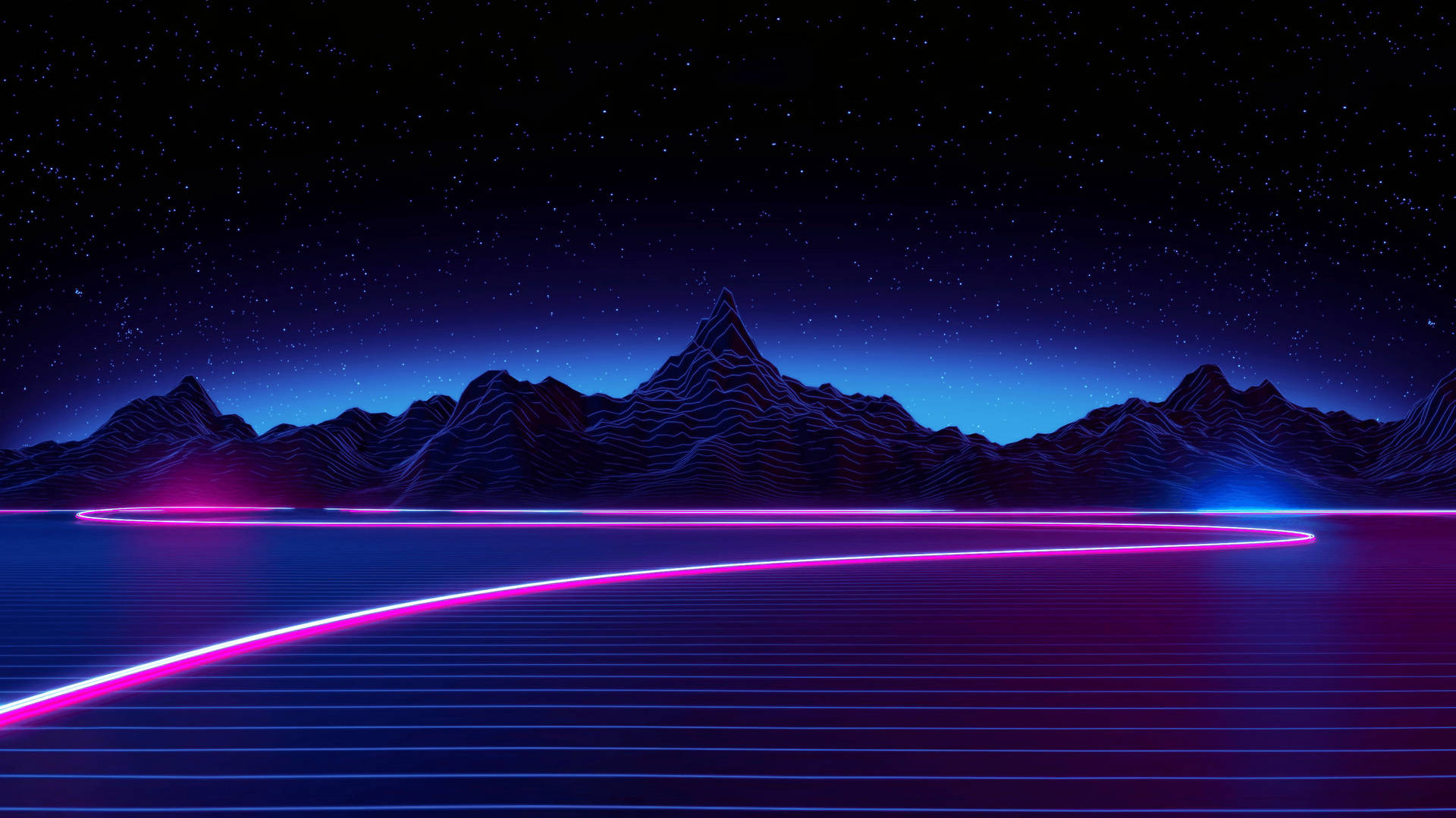Ultrawide purple neon glowing light on a wavy line going to the mountain.