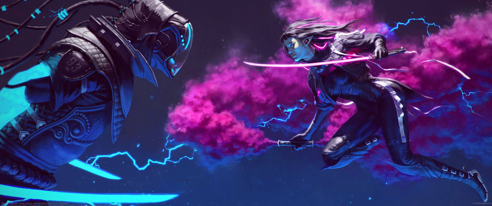 Ultrawide purple woman and smoke and a masked man floating in sky.