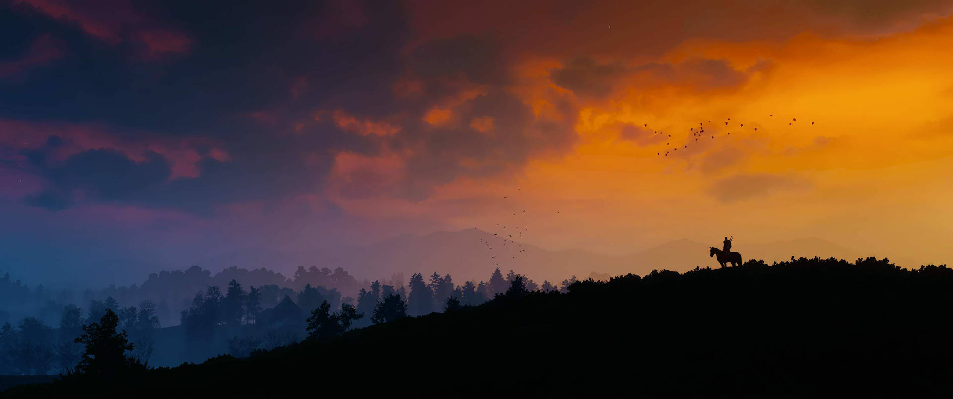 Ultrawide sunset with horse on top of a hill, sky before the night. 