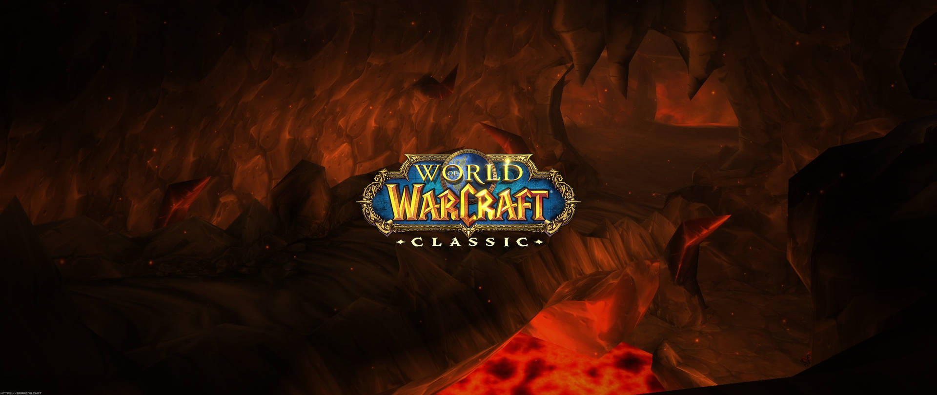 Ultrawide World of Warcraft title on center of a fiery rocky dungeon.