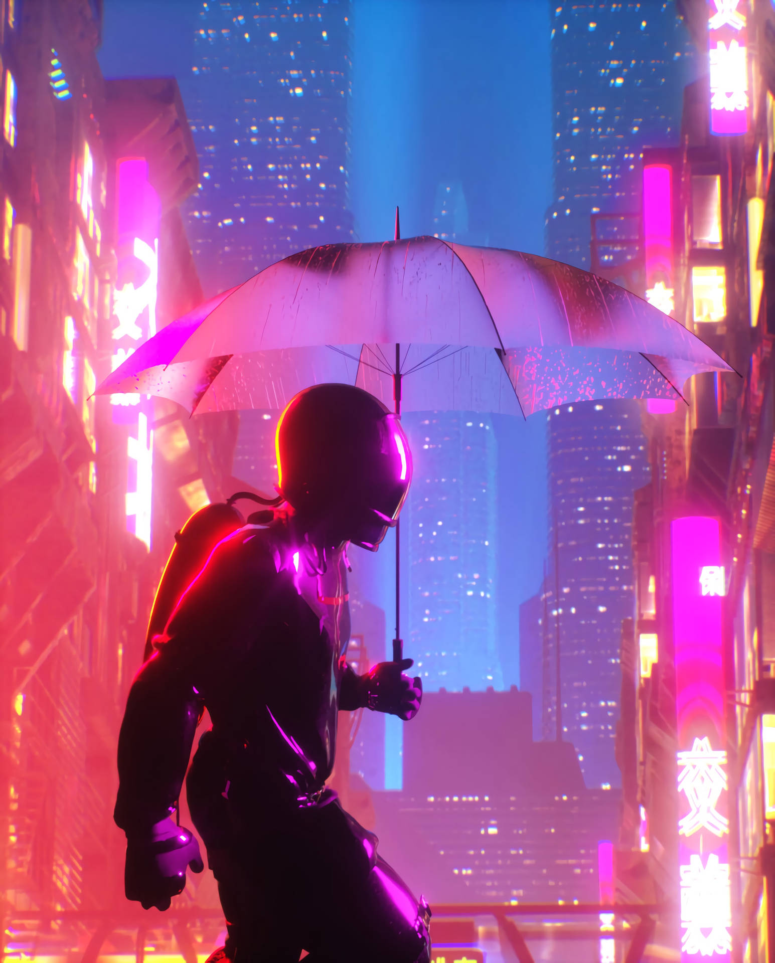 Umbrella Cyborg In Neon City Wallpaper