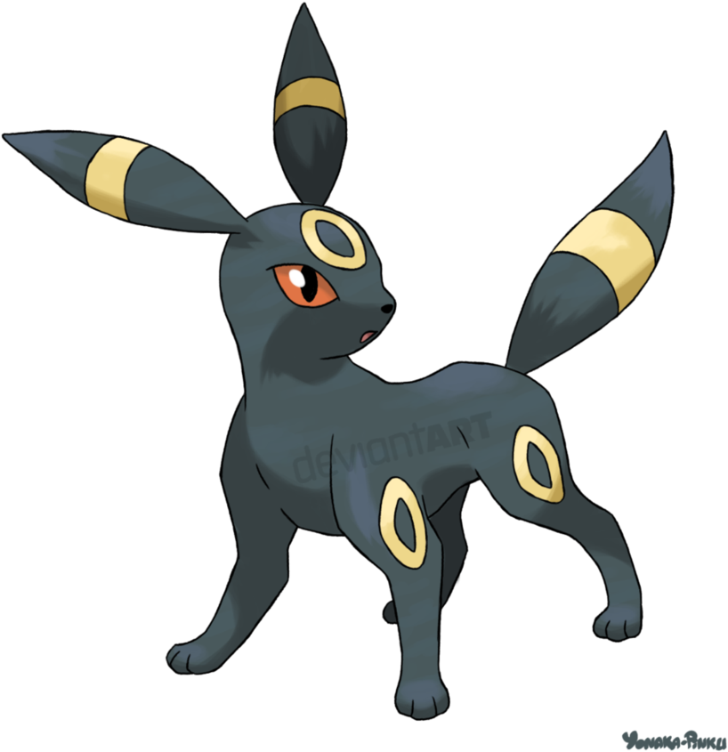Umbreon Pokemon Artwork PNG — A dark grey Umbreon with golden rings on ears tail and body stands alert against a black background.