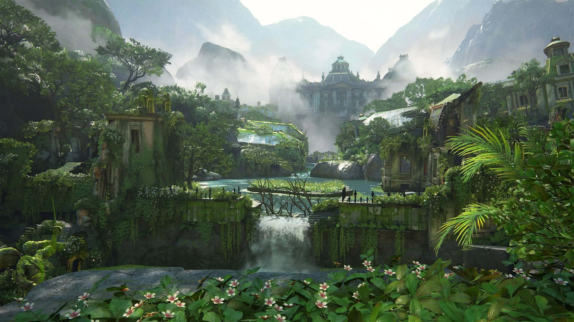En fantasi scene med en vandfald og en vandfaldsbro Wallpaper