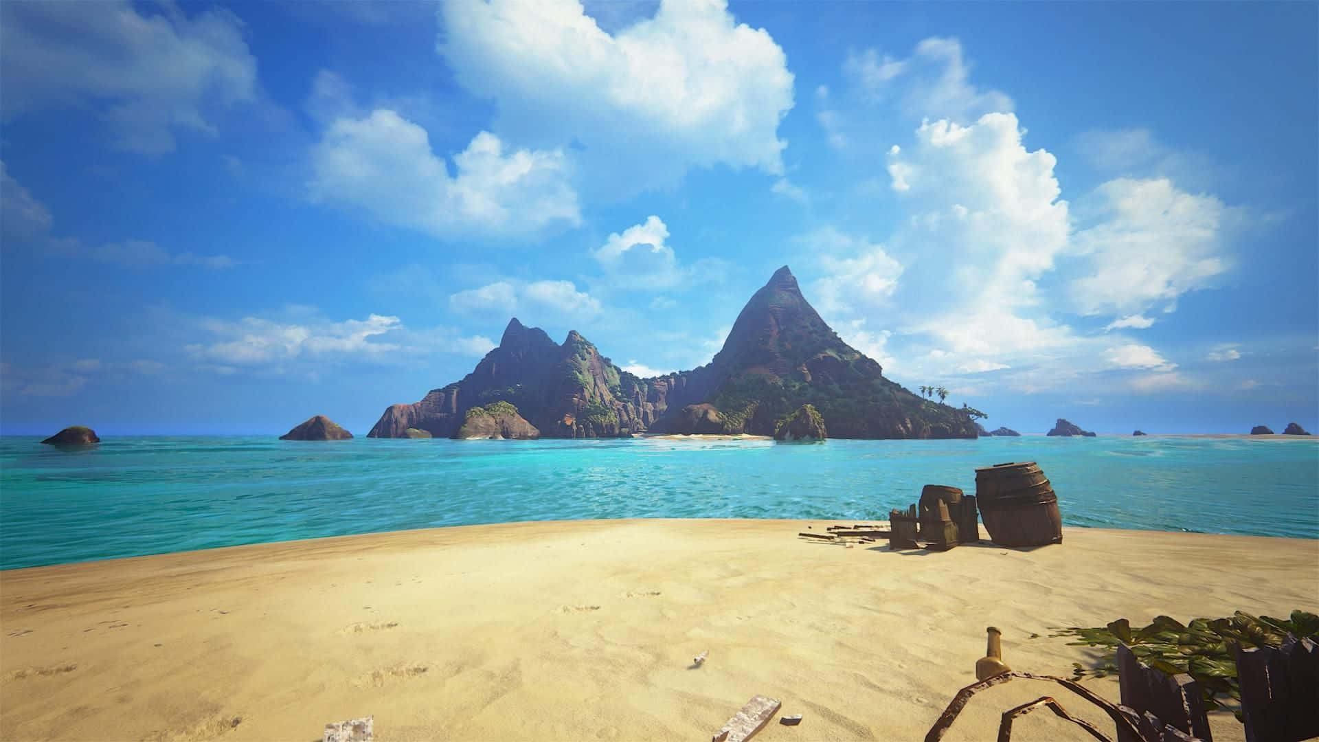A Screenshot Of A Desert Island With Rocks And Water Wallpaper