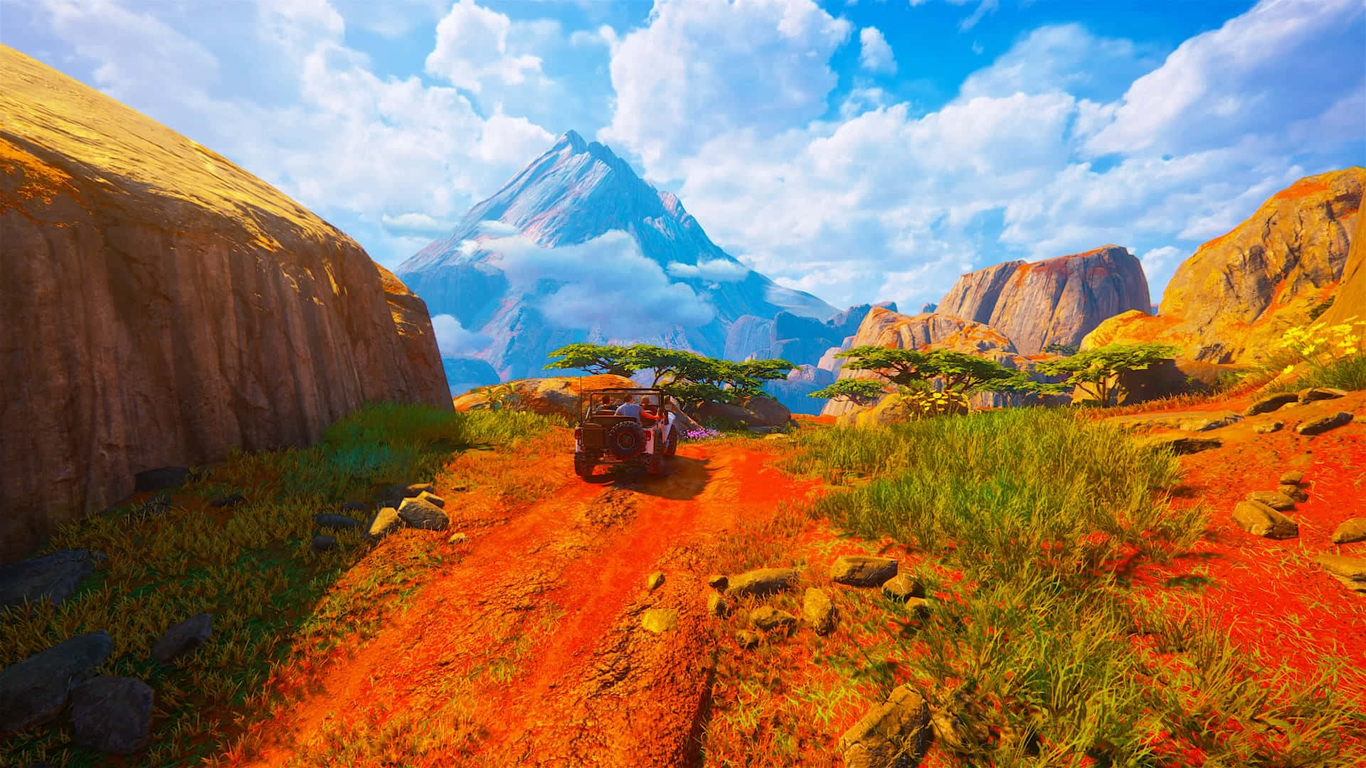 A Screenshot Of A Desert With Mountains And A Red Car Wallpaper
