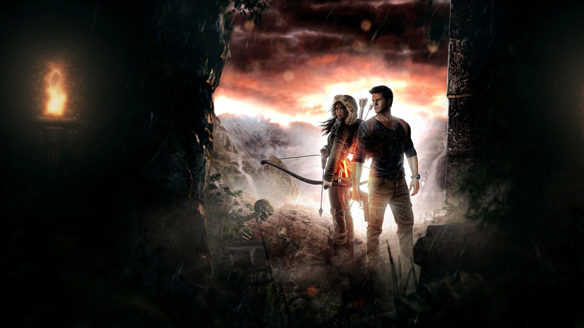 A Man And Woman Standing In A Dark Cave Wallpaper