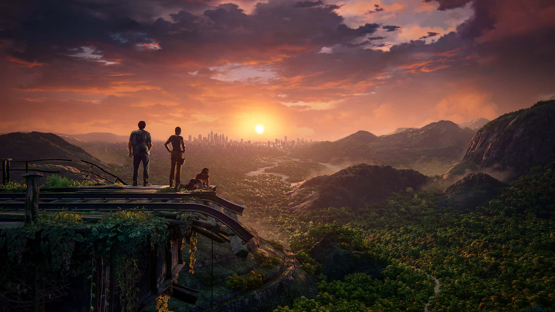 A Man And Woman Standing On A Cliff Overlooking A City Wallpaper