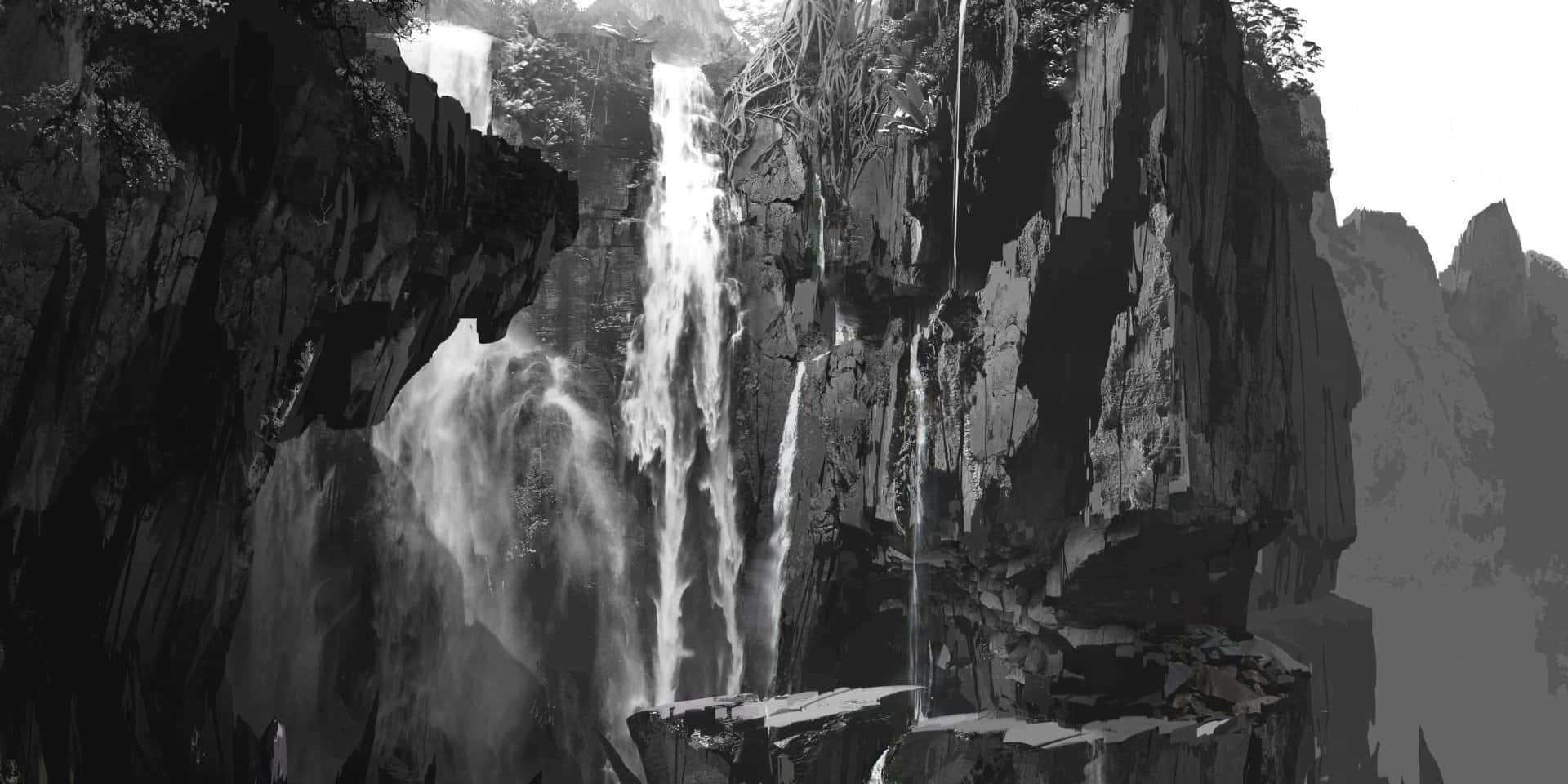 A Black And White Painting Of A Waterfall Wallpaper