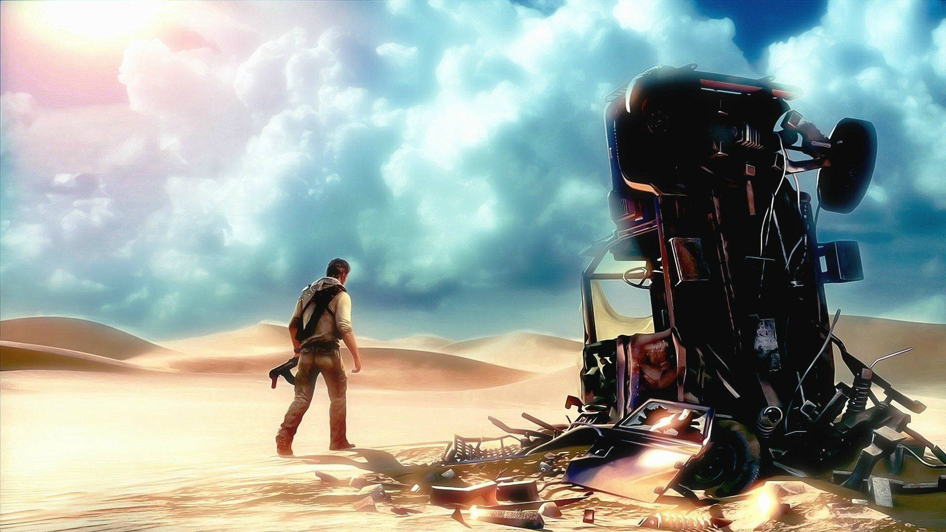 Uncharted's Protagonist Nathan Drake next to a crashed car. Wallpaper