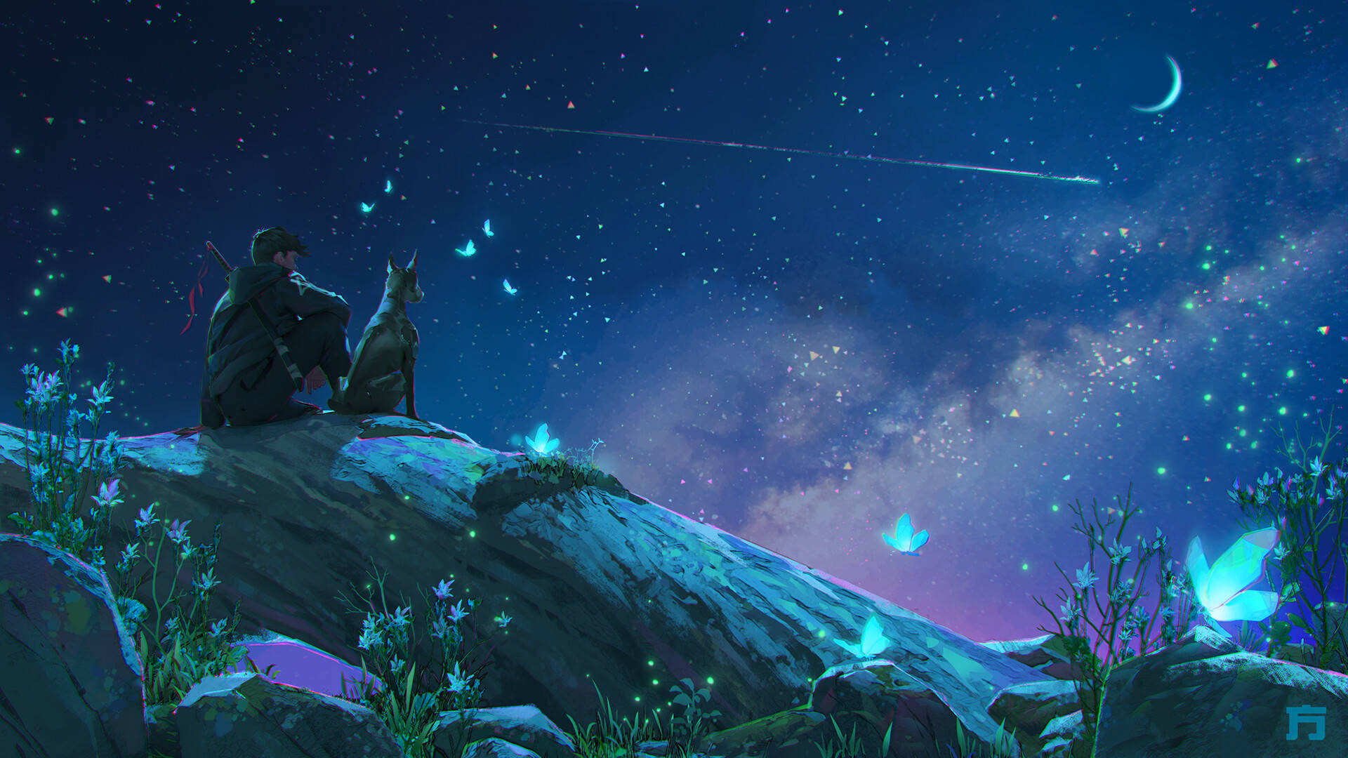 Under Night Sky Alone Boy Anime Background