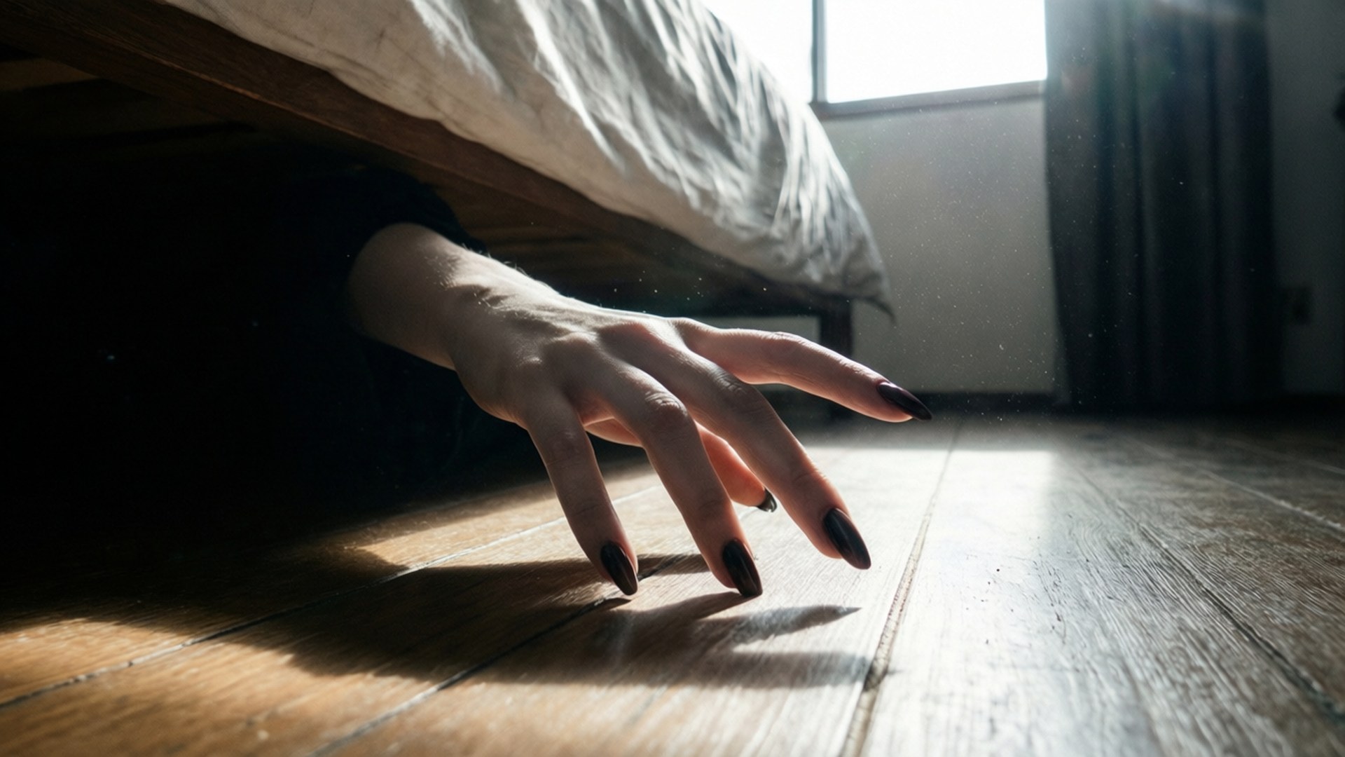 A hand reaching from under a bed with harsh sunlight and dust particles.