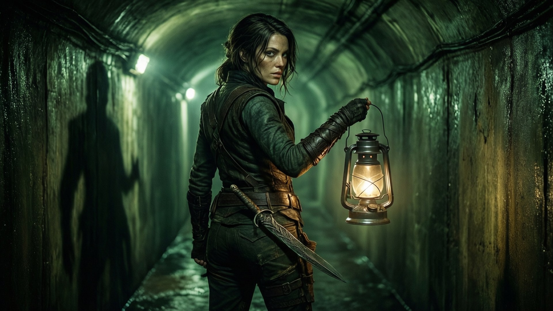 Evie Frye naviga in un tunnel oscuro con una lanterna, pronta al pericolo.