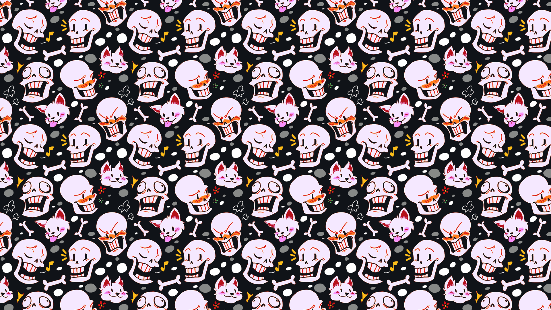 Undertale background — Repeating pattern of cartoon skulls and cat-like creatures on black background with bones and dots.