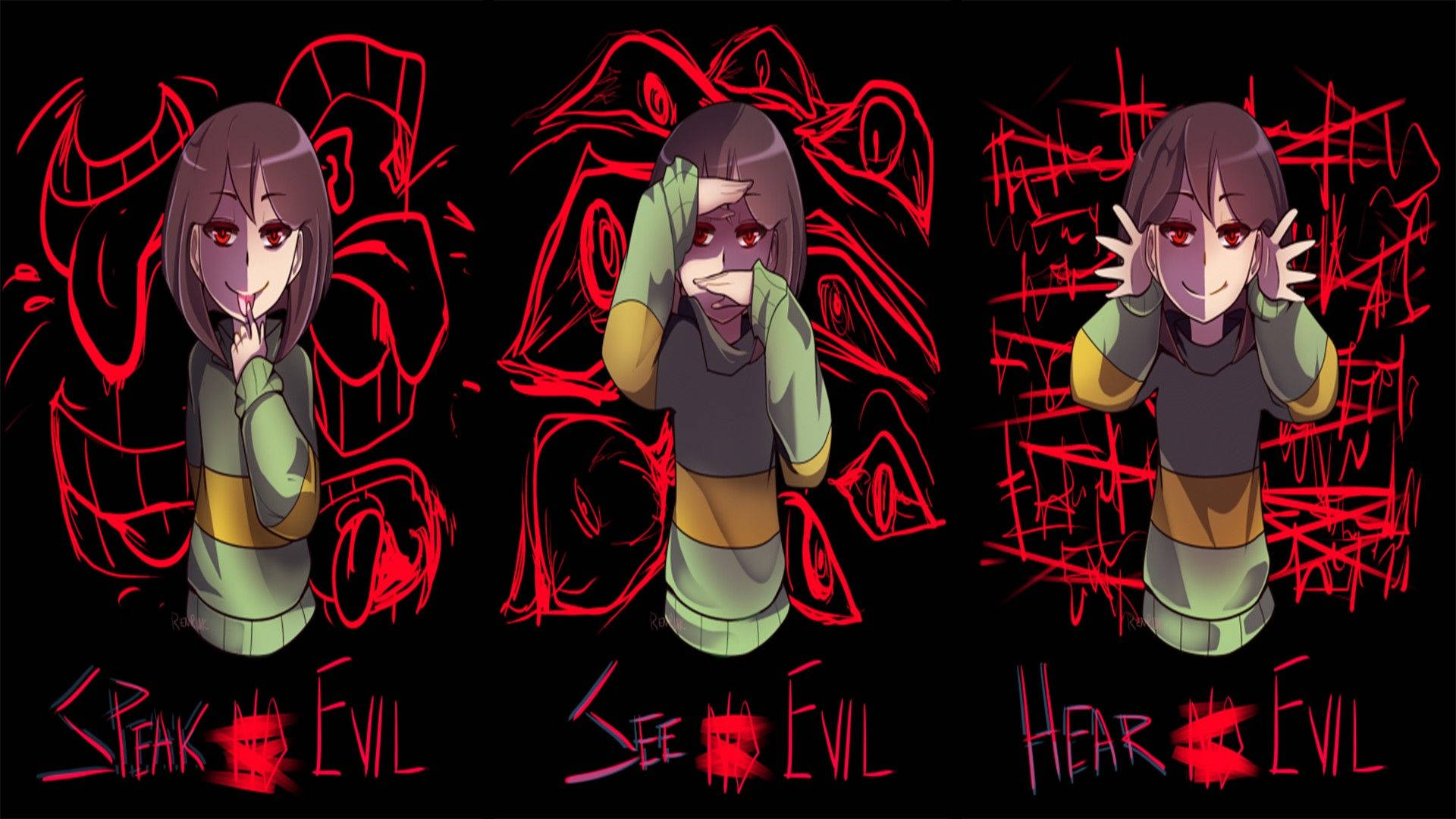 Scary Undertale Chara fan art with red drawings wallpaper.