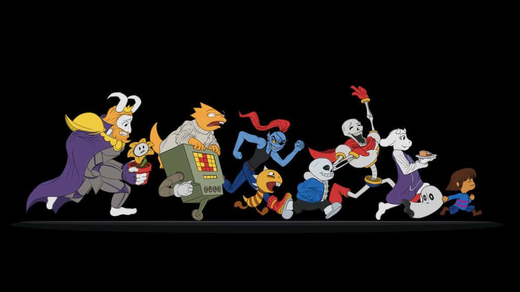 A Group Of Cartoon Characters Running In A Line Wallpaper