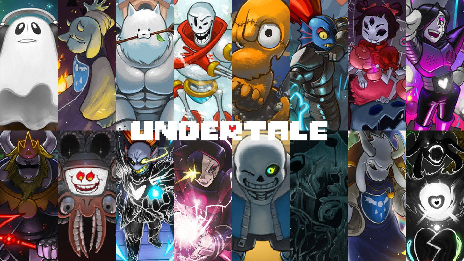 Meet the characters of the award-winning video game Undertale! Wallpaper — A vibrant collage of Undertale's iconic characters including Sans Papyrus Frisk and others in dynamic poses against colorful backgrounds.