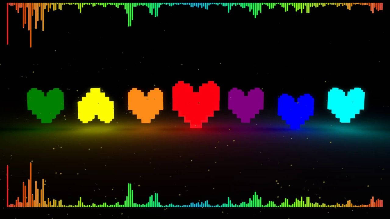 Undertale rainbow pixel hearts and audio bar wallpaper.