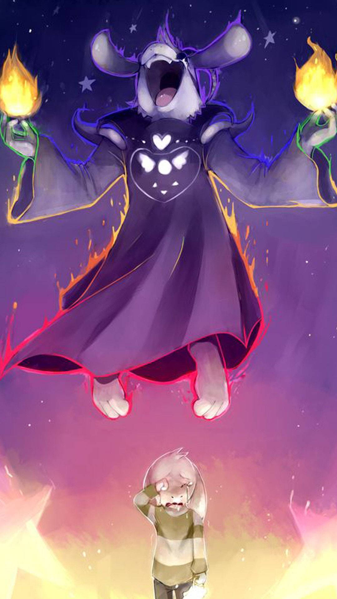 Undertale floating Asriel laughing and Chara on ground wallpaper.