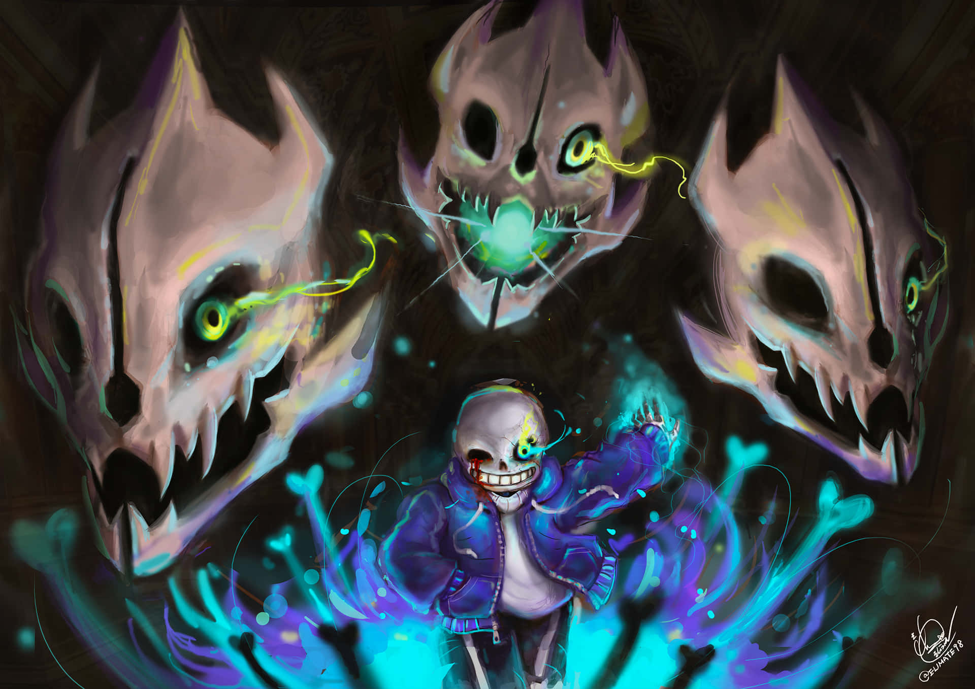 Sans from the indie RPG game Undertale grins mischievously. Wallpaper