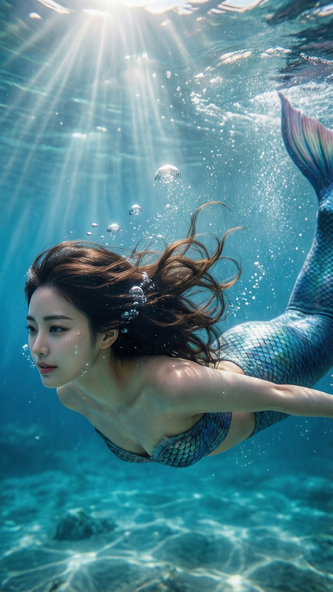 Underwater Dream Wallpaper — A mermaid with flowing brown hair glides gracefully underwater as sunlight beams down through the clear blue ocean.